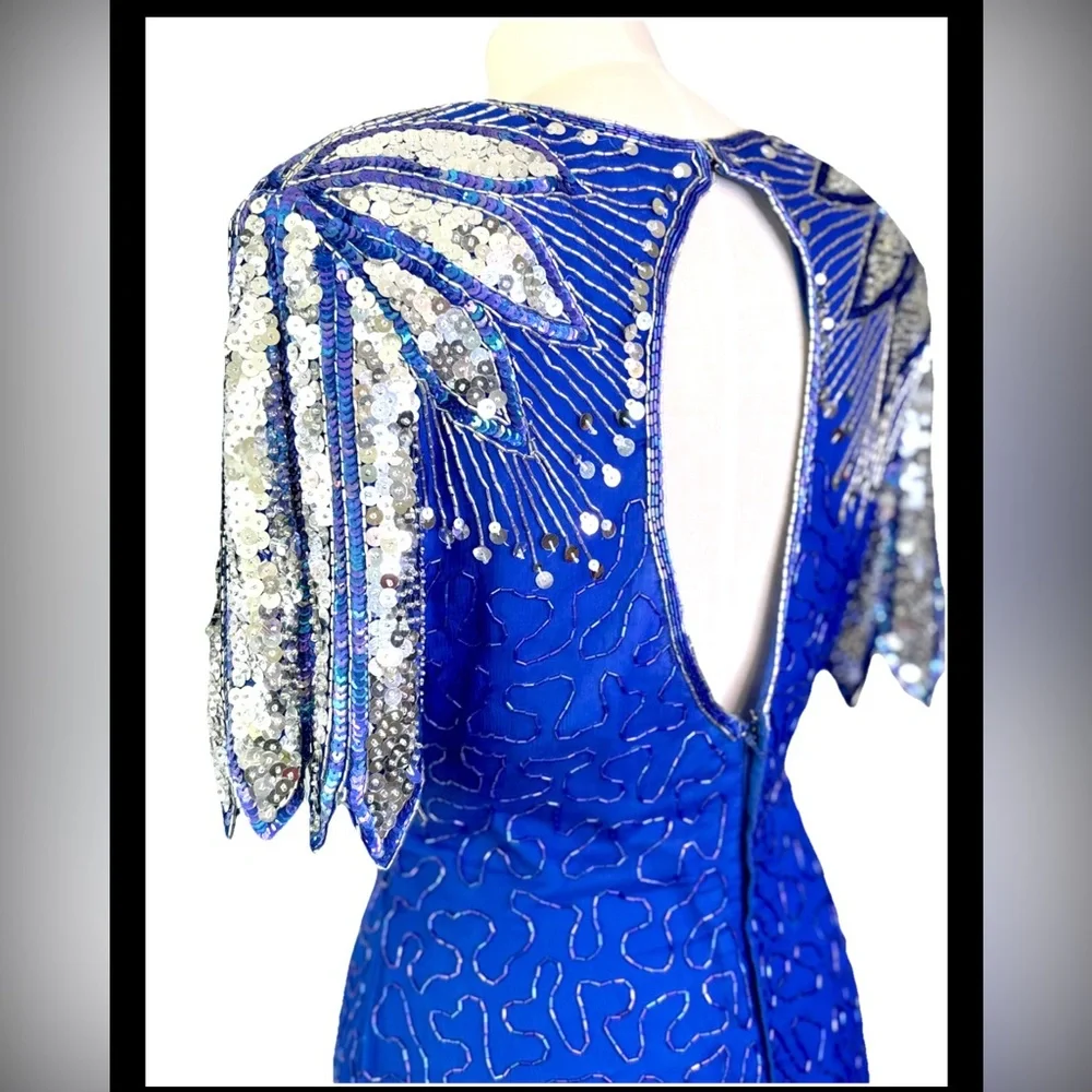 Laurence Kazar Vintage 80’s Blue Dress w/ Silver‎ Peacock Sequins and Open Back - Picture 4 of 10